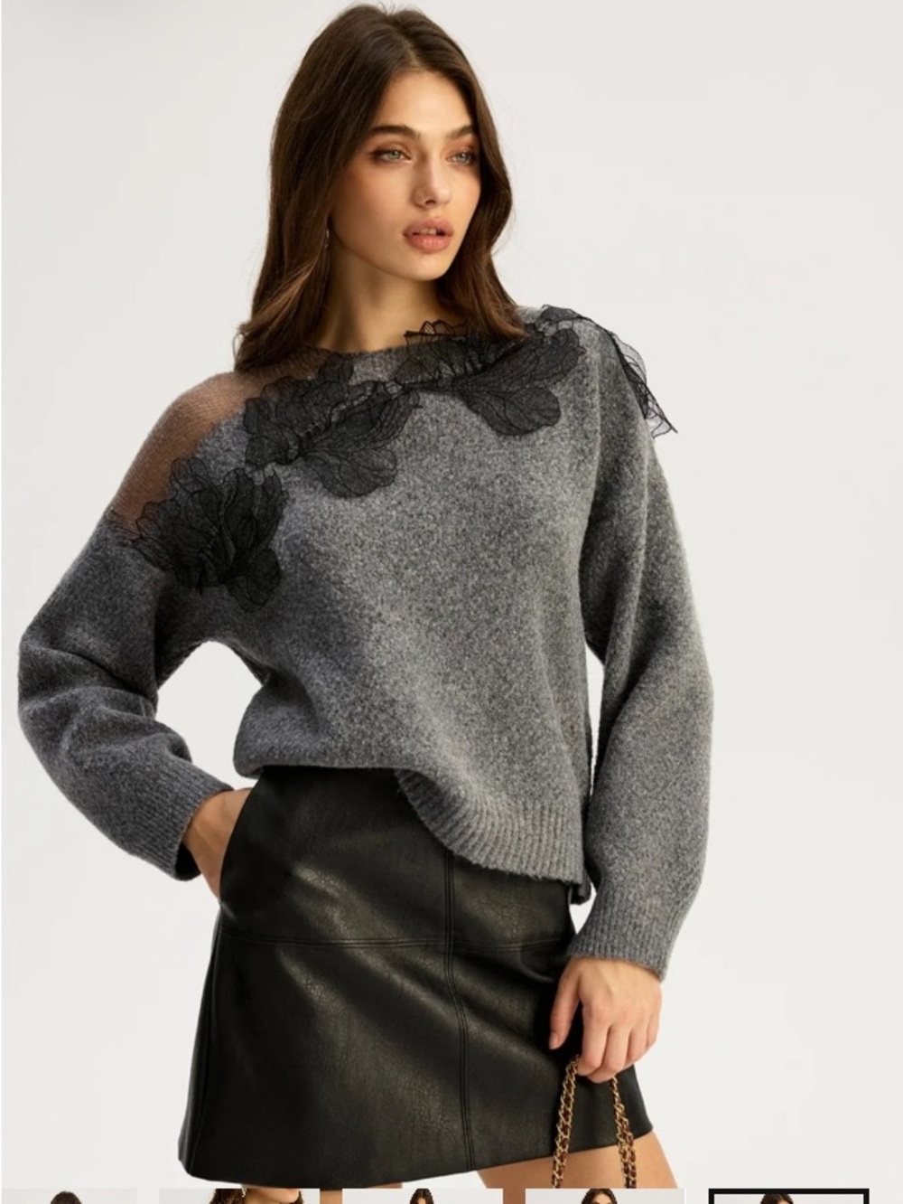 Commense Gray, w Black Lace-Detail Crewneck with Sheer Shoulder Detail Sweater